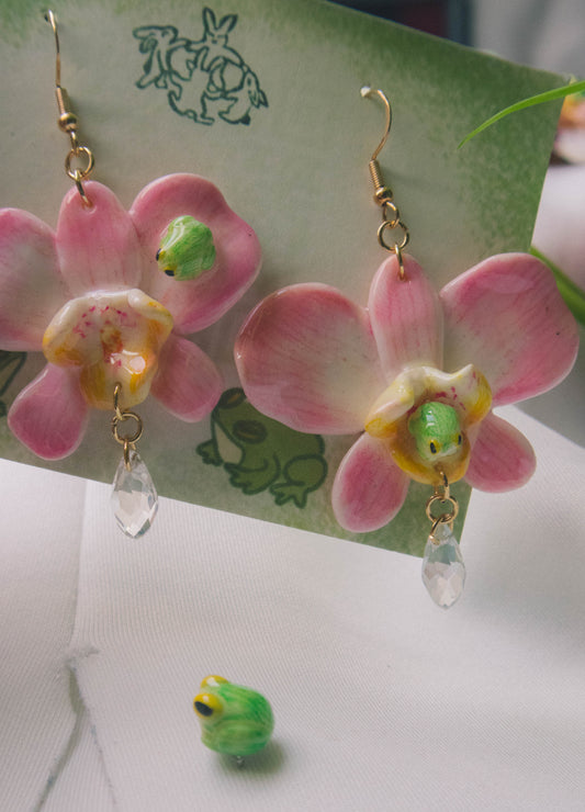 Pink Frog Orchid Earrings