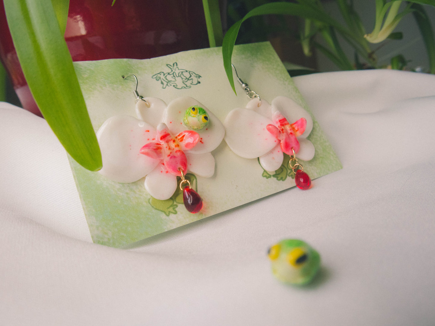 Red-and-white Orchid with Frogs Earrings