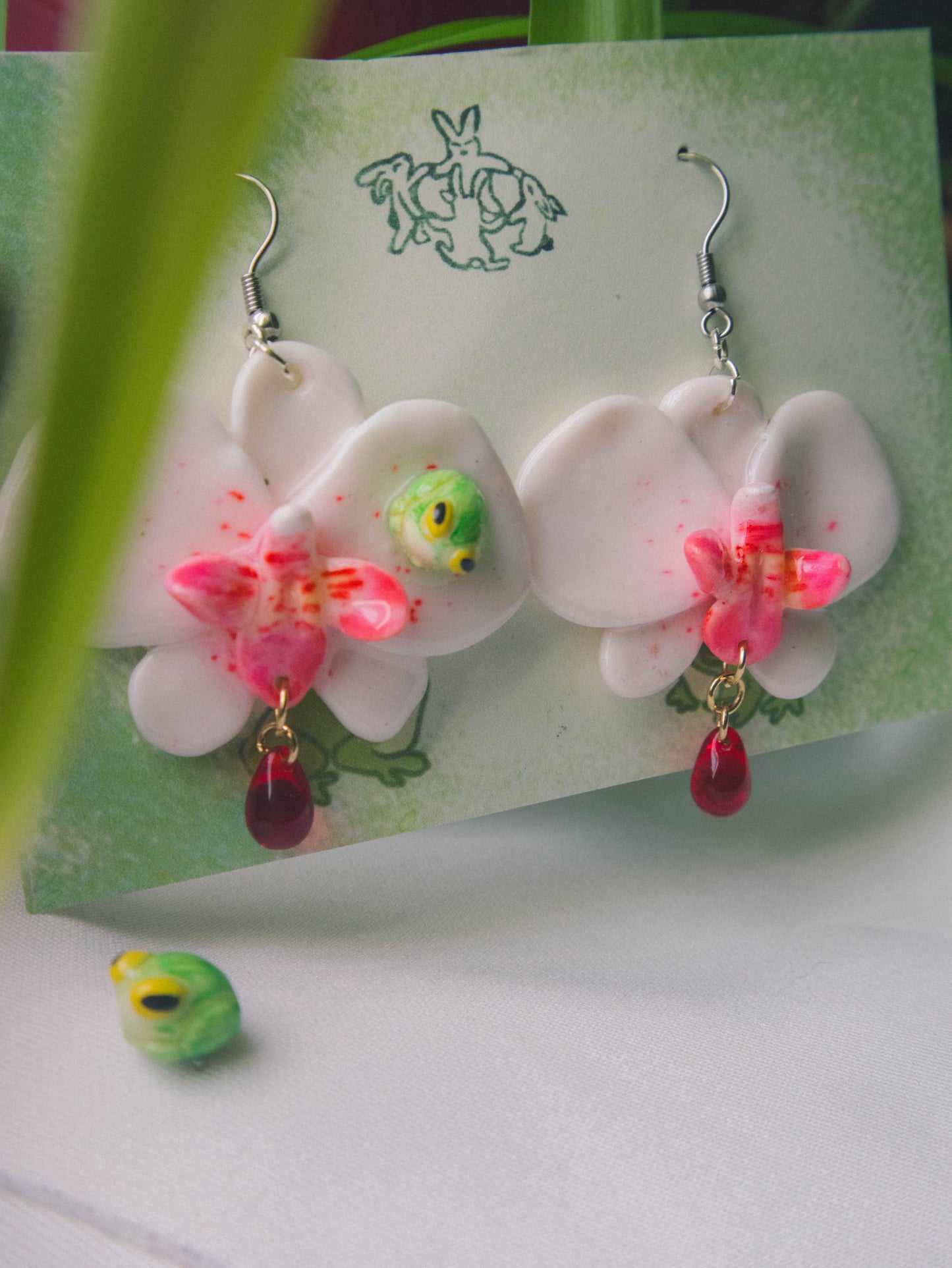 Red-and-white Orchid with Frogs Earrings