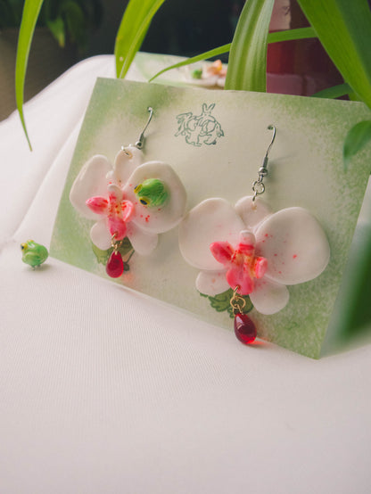 Red-and-white Orchid with Frogs Earrings