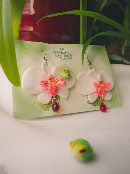 Red-and-white Orchid with Frogs Earrings